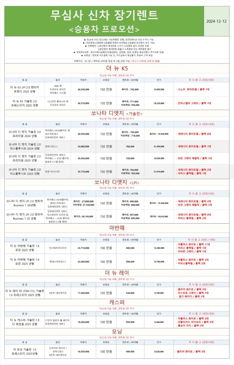 2024년 12월 12일 장기렌트 차량 상황