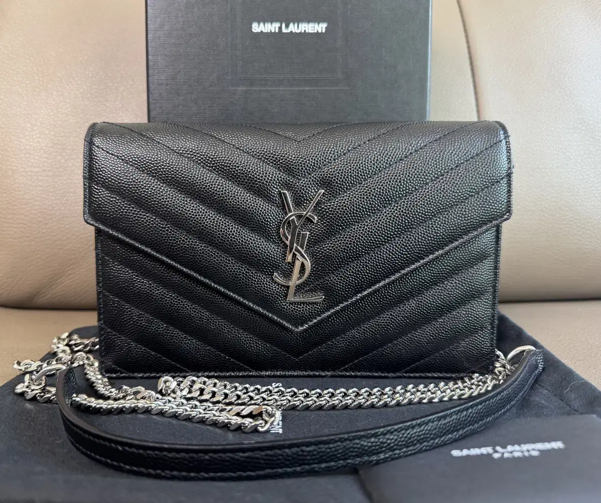 Saint Laurent Matelassé Envelope WOC Chain Bag Silver in Black