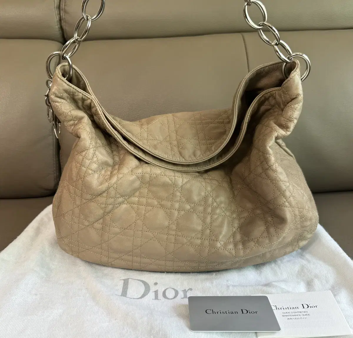 Dior Vintage Lambskin Canvas Hobo Bag in Beige