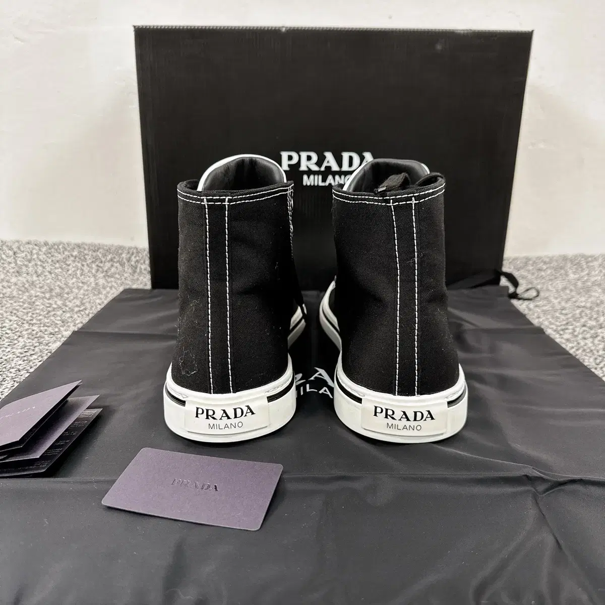 (정품/새상품) PRADA 프라다 남성 블랙 로고 캔버스 개버딘 하이탑