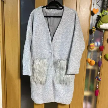 빅 사이즈 4 L 그레이 그레이 노카라 퍼코트, 퍼 포켓 부착