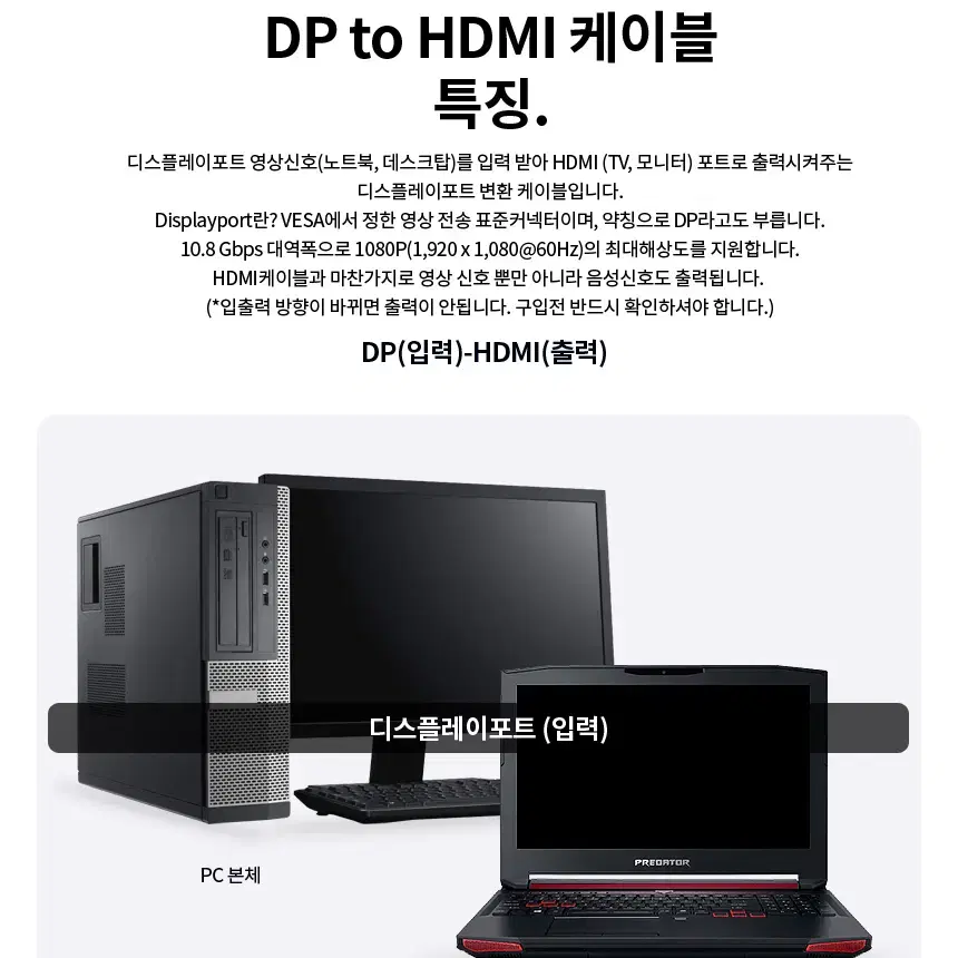 DP1.1 to HDMI 1.3 변환 케이블 1.8m