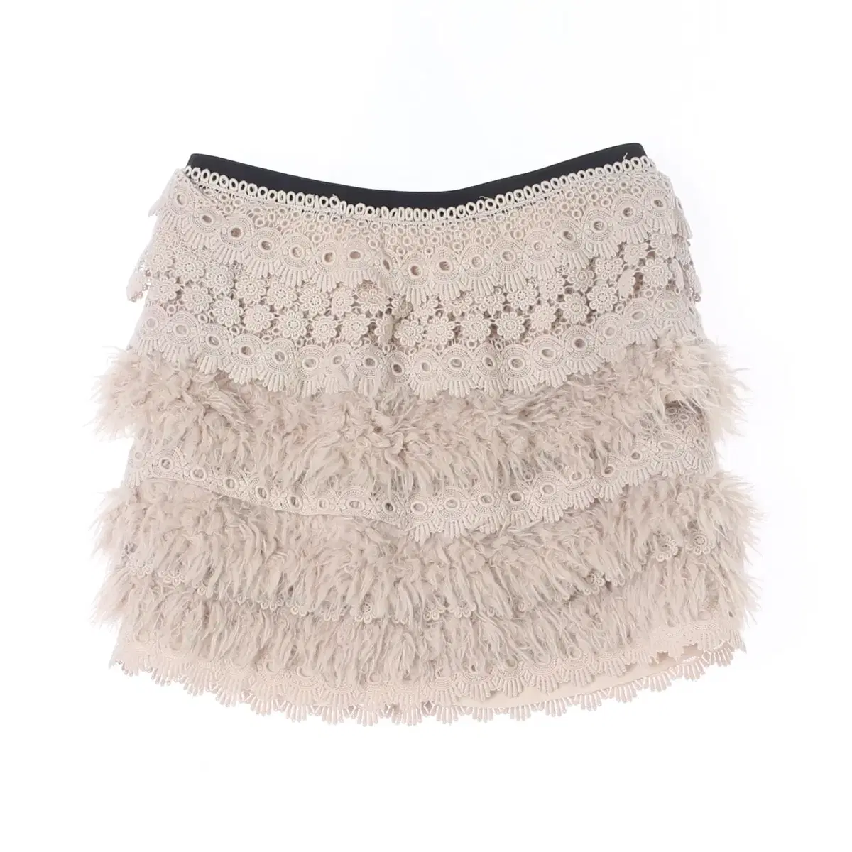 [M]Ozsecond Beige Lace and Faux Fur Banded Mini Tiered Skirt