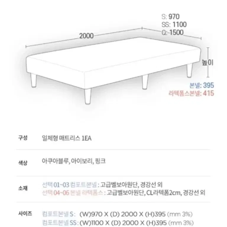 장인가구 일체형 라텍스폼 본넬 매트리스 ss 슈퍼싱글 침대 프레임 인천