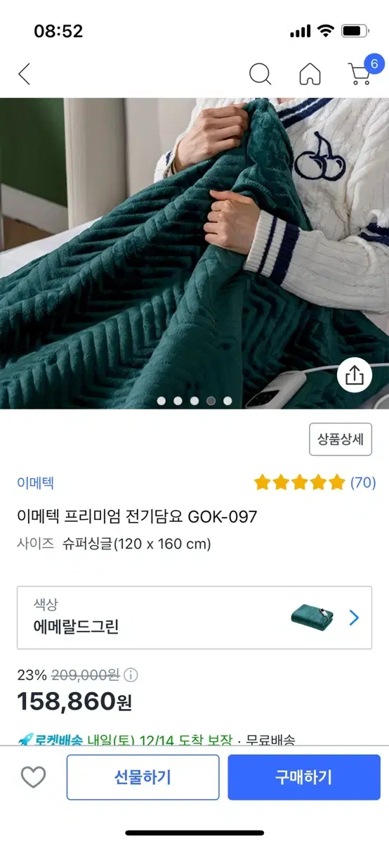 이메텍 프리미엄 전기담요 GOK-097, 에메랄드그린, 슈퍼싱글(120