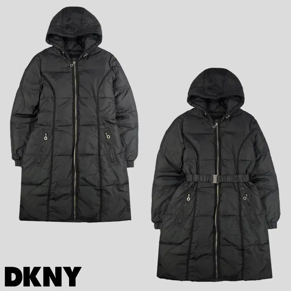 DKNY 디케이엔와이 블랙 톤톤 라이닝 투웨이지퍼 벨티드 후드 롱패딩