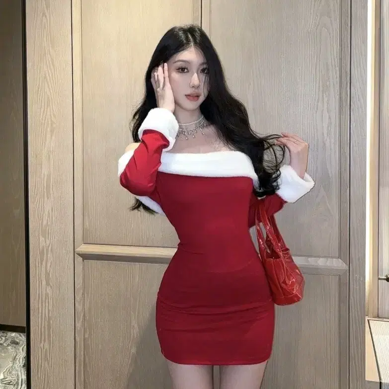 레드 오프숄더원피스 크리스마스원피스 산타걸 빨간색 크리스마스 연말룩 퍼