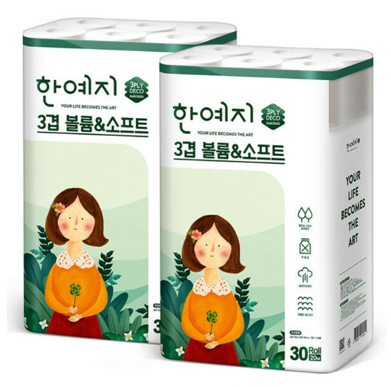 무료배송-한예지 볼륨앤소프트 100% 천연펄프 3겹 30롤 2팩