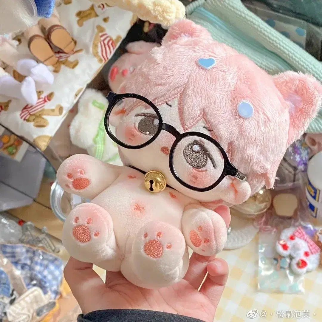 20cm 무속성인형 마오냥 솜깅 코랄핑크색 고양이 귀 블랙 프레임 안경