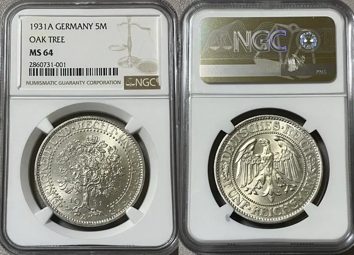 NGC 독일 1931년A 오크 트리 5 라이히스마르크 은화 MS 64