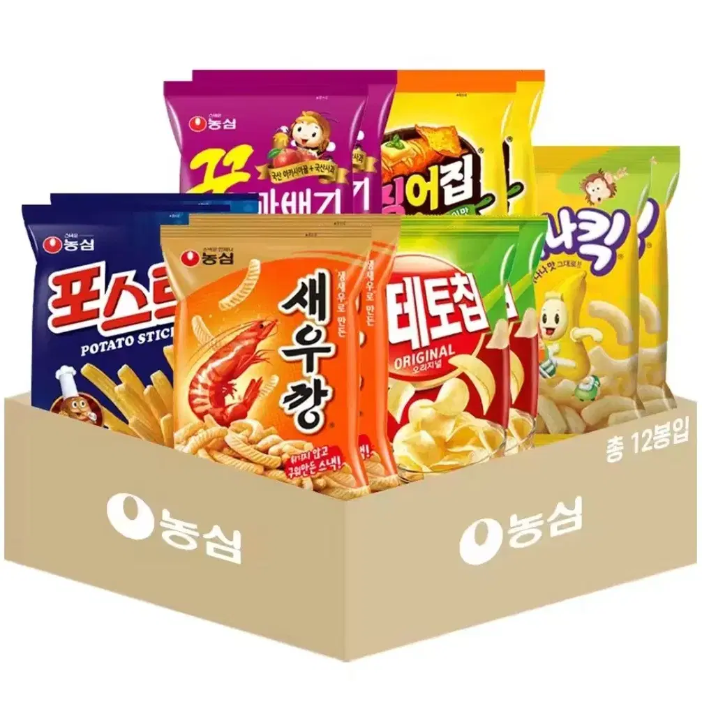 농심과자 모든맛맛보기12개혼합새우깡,꿀꽈배기,포스틱,포테토칩,바나나킥