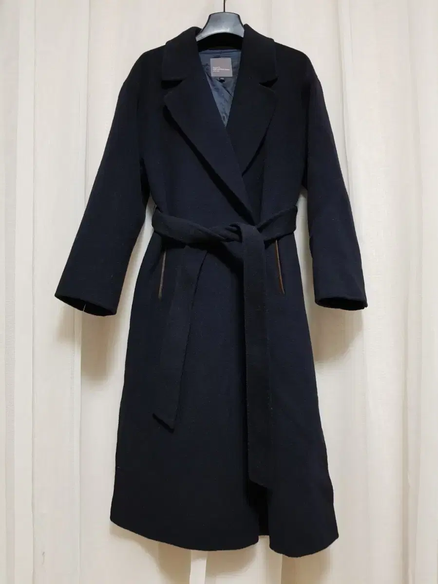 Wool Angora Belted Long Coat in Jin Navy