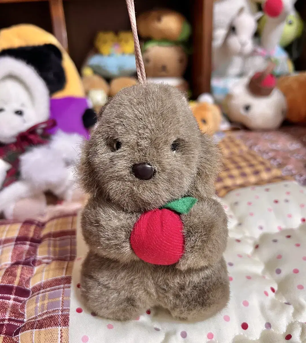 Vintage teddy bear doll holding apples.