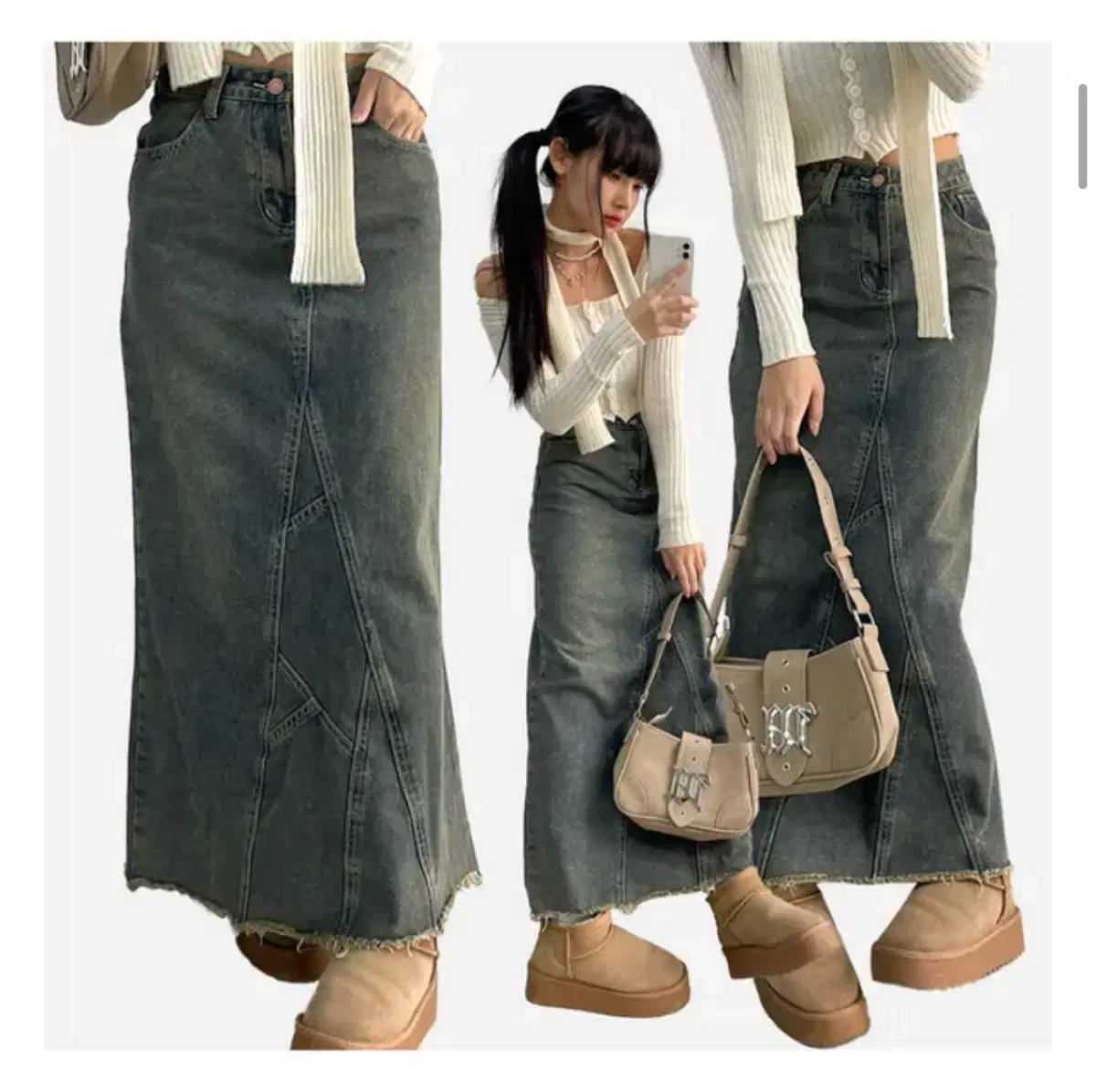 아쿠비클럽 롱데님스커트 (tokyo tassel denim skirt)