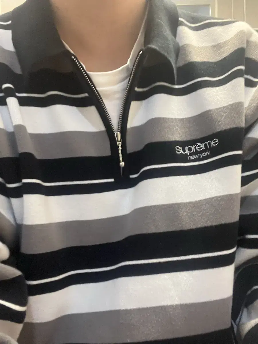 슈프림 stripe zip ls polo black xl