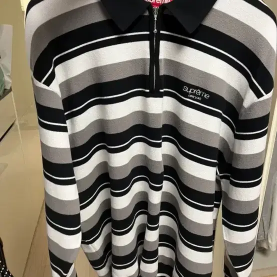 슈프림 stripe zip ls polo black xl