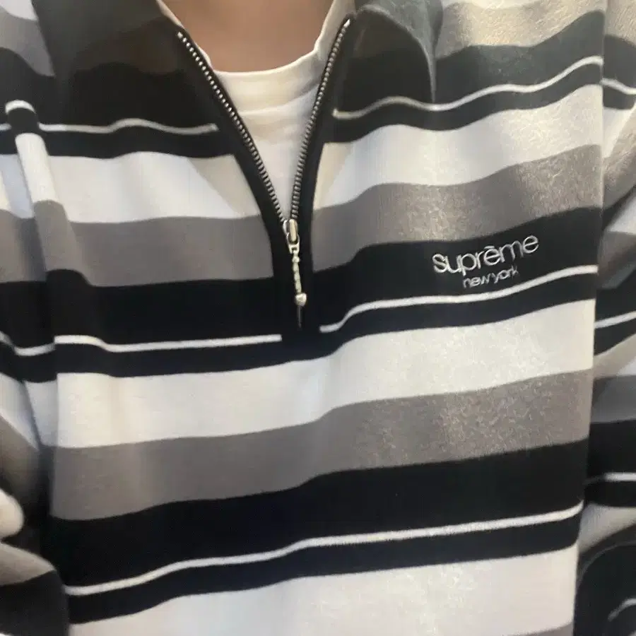 슈프림 stripe zip ls polo black xl