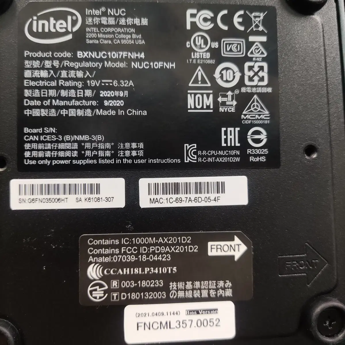 인텔 미니pc NUC10FNH i7 16G ram , 1 T SSD