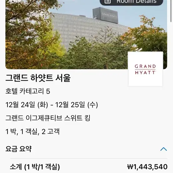 24일 크리스마스 그랜드 하얏트 스위트룸, 클럽 라운지 포함, 조식 포함