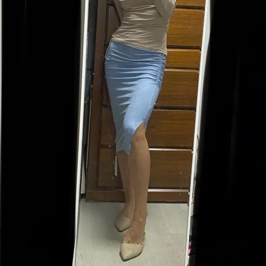 Sky blue ruched long bodycon skirt