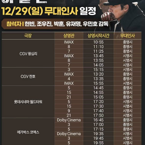 12/29 하얼빈 무대인사 A열 한자리 (왕십리CGV) 시영무인