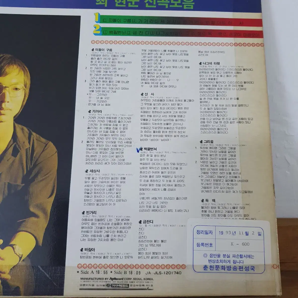 최현군 신곡모음 LP  1982    백색레이블  비매음반  귀한음반