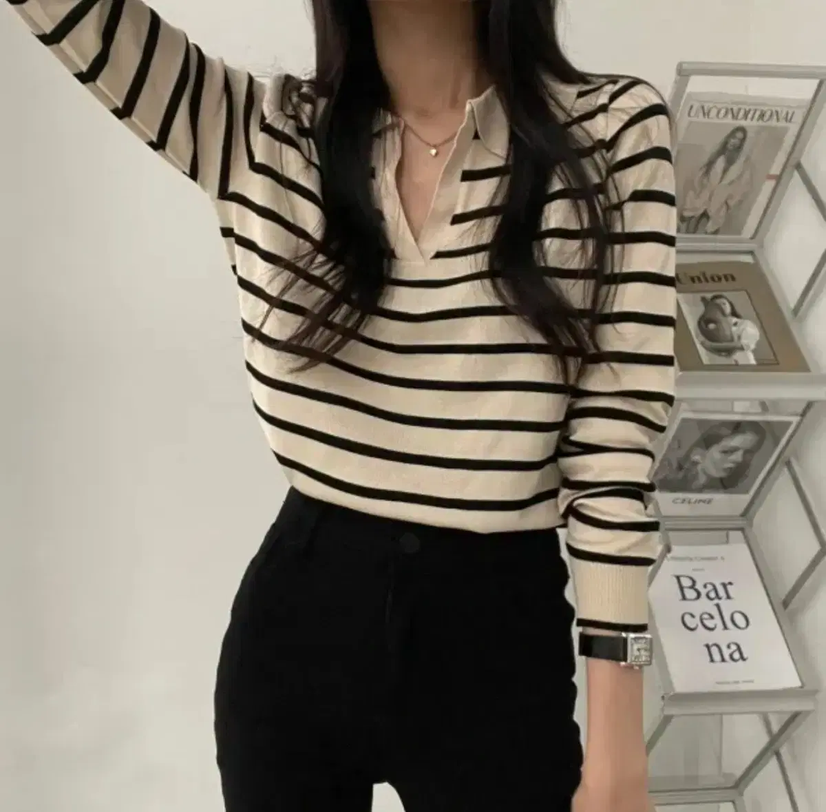 Striped dangara knit kara long sleeve long sleeve tee basic t-shirt