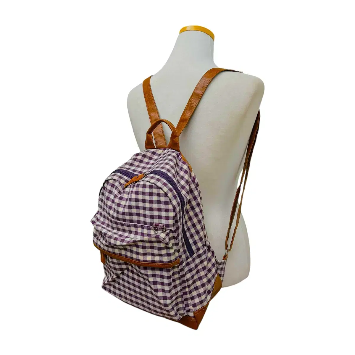 Vintage check bora jin brown leather strap backpack 25x30cm