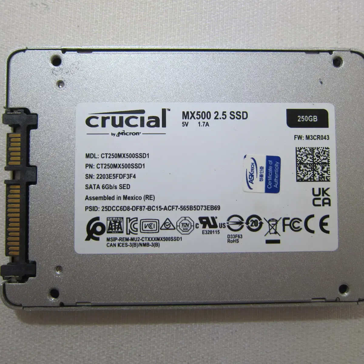 마이크론 Crucial MX500 250G (AS 2027년 03주)