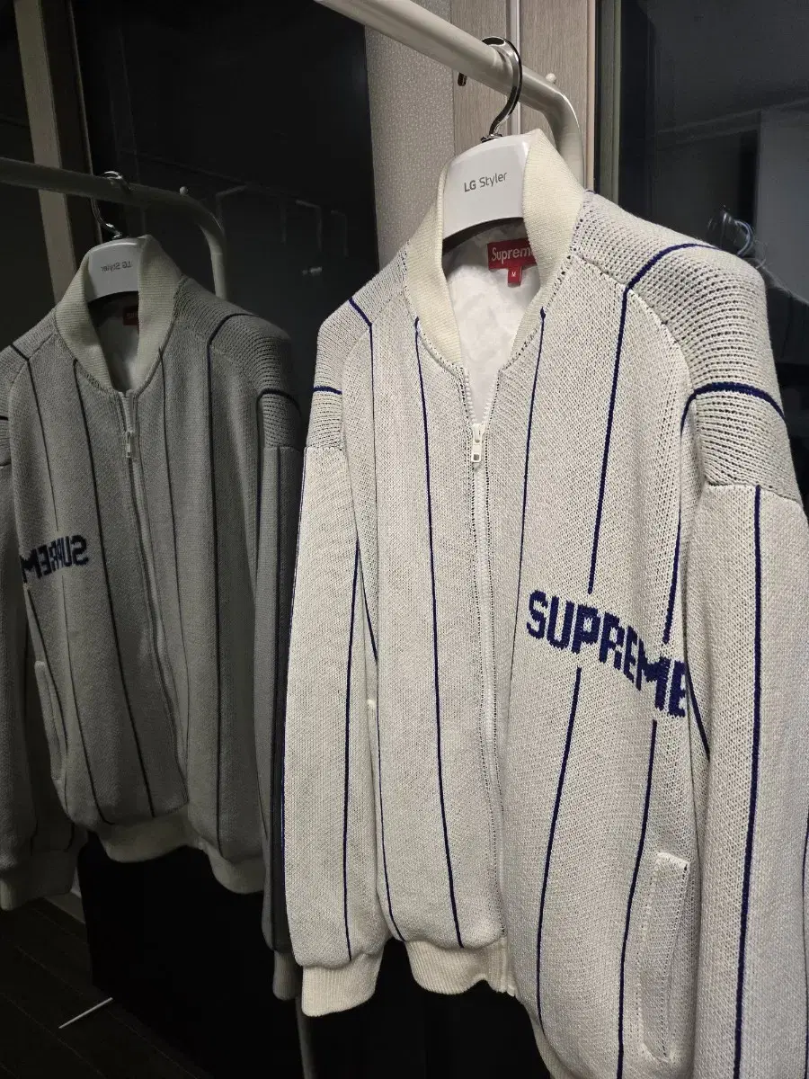 Supreme Pinstripe Varsity Zip Up Sweater