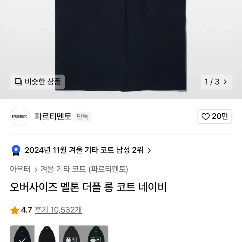 파르티멘토 오버사이즈 멜톤 더블 롱코트 네이비 S