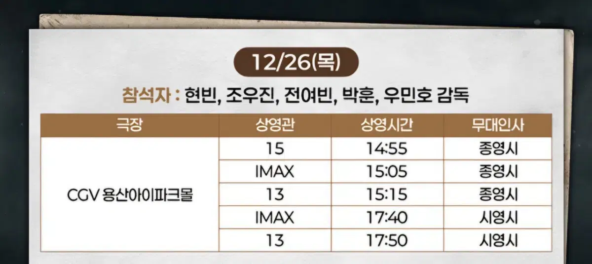 하얼빈 아이맥스 무대인사 2연석 (12. 26 목 / 용산 CGV)