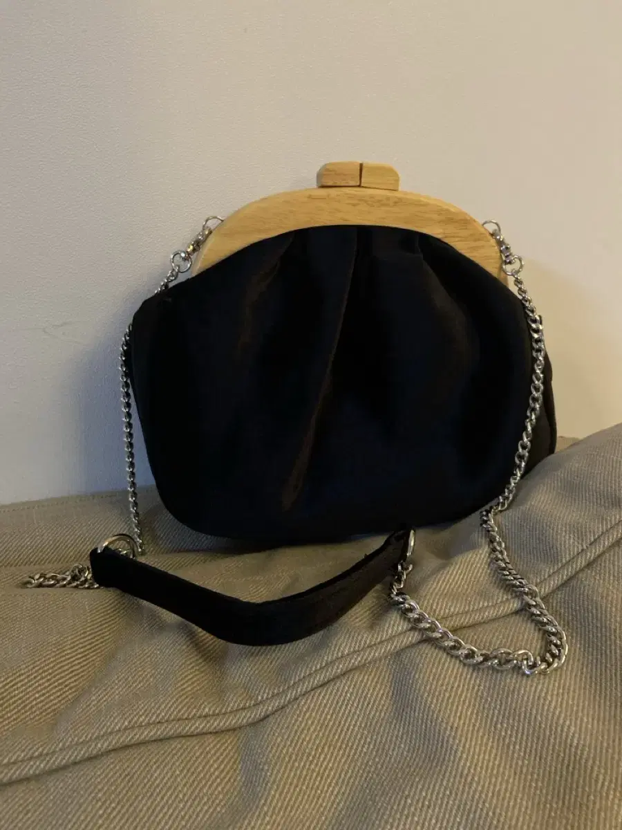 Unused Black Velvet and Wood Crossbody Bag