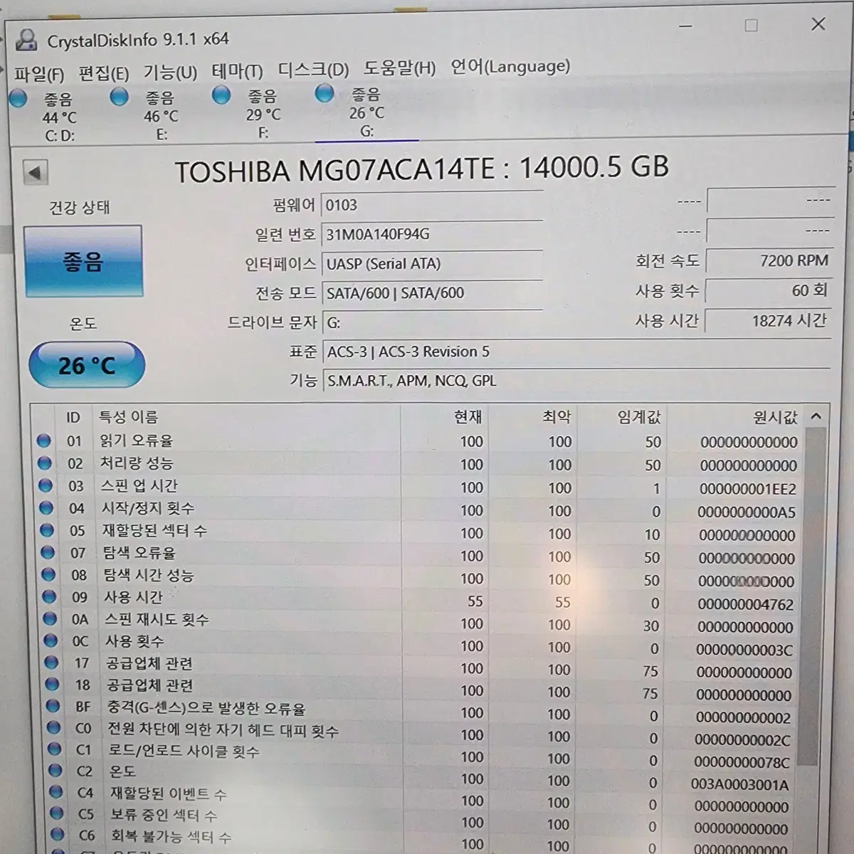 도시바 (MGO74CA14TE) 14TB(테라) 하드