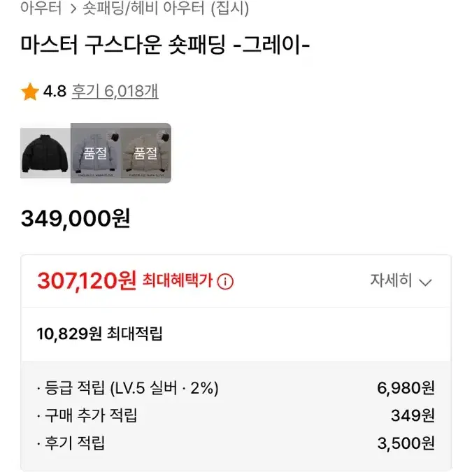 집시 마스터 구스다운 숏패딩 그레이 L