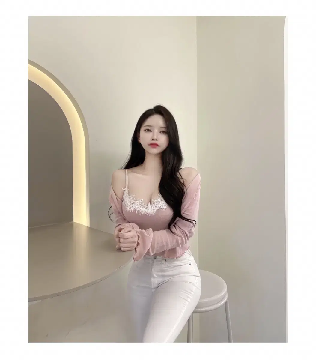 피치플레인*베이지*레이스 나시 진주 프릴 나시+가디건 투피스