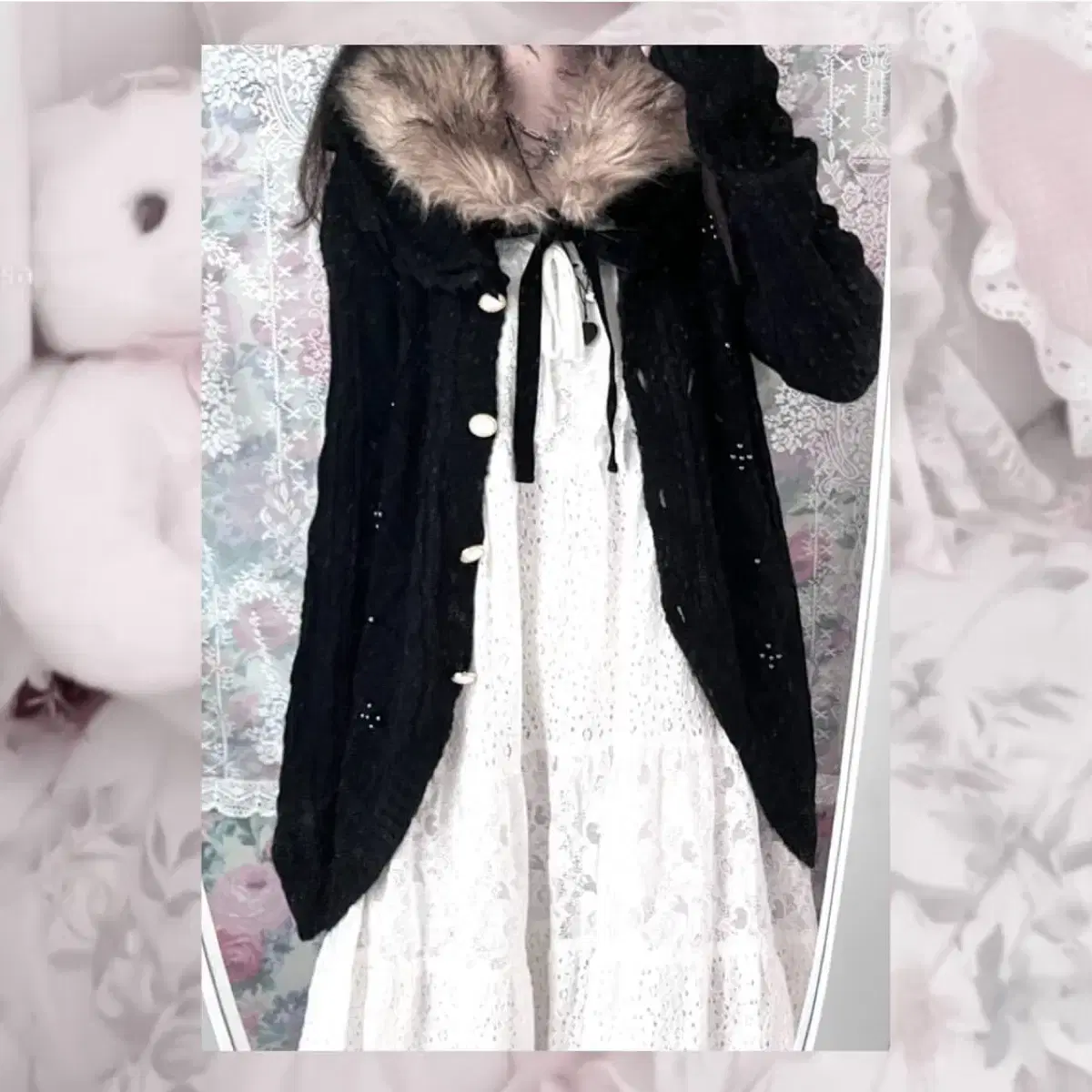 퍄뮤빈티지 엑시즈팜 black fur ribbon cardigan