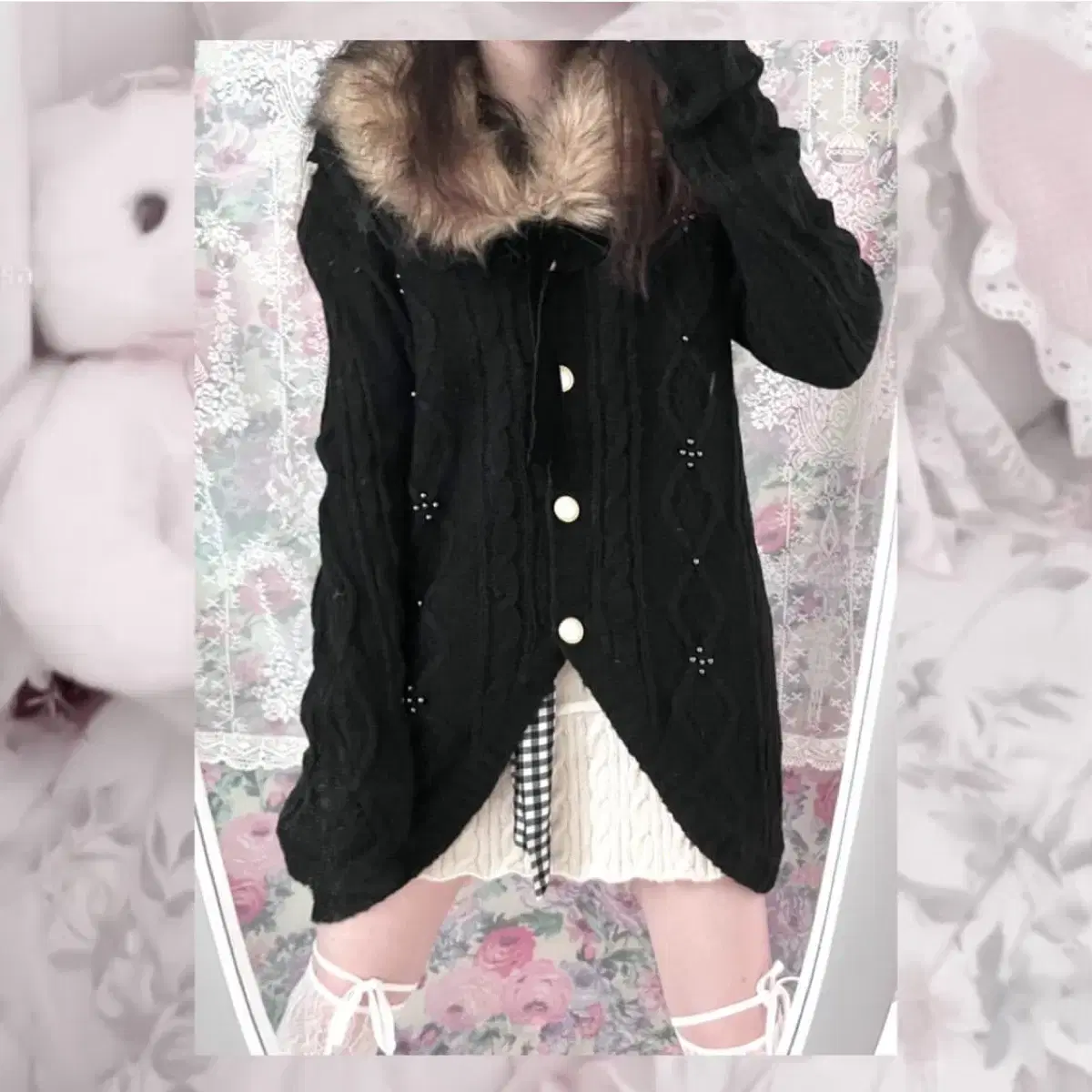 퍄뮤빈티지 엑시즈팜 black fur ribbon cardigan