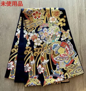 순수 실크-후쿠로 오비 흑금 나비-꽃무늬