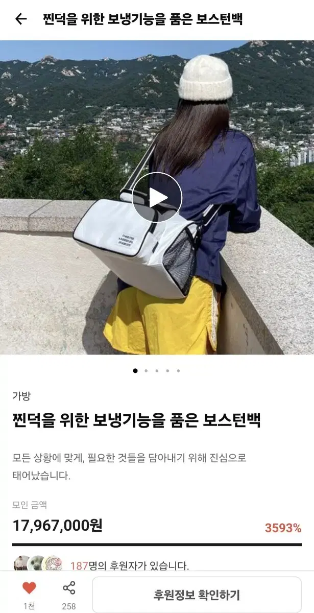 급처) 텀블벅 보냉기능 보스턴백 판매