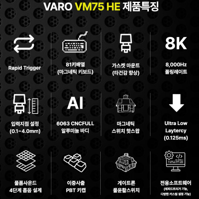 VARO 바로 VM75 HE 마그네틱 8K 래피드트리거 게이밍 키보드