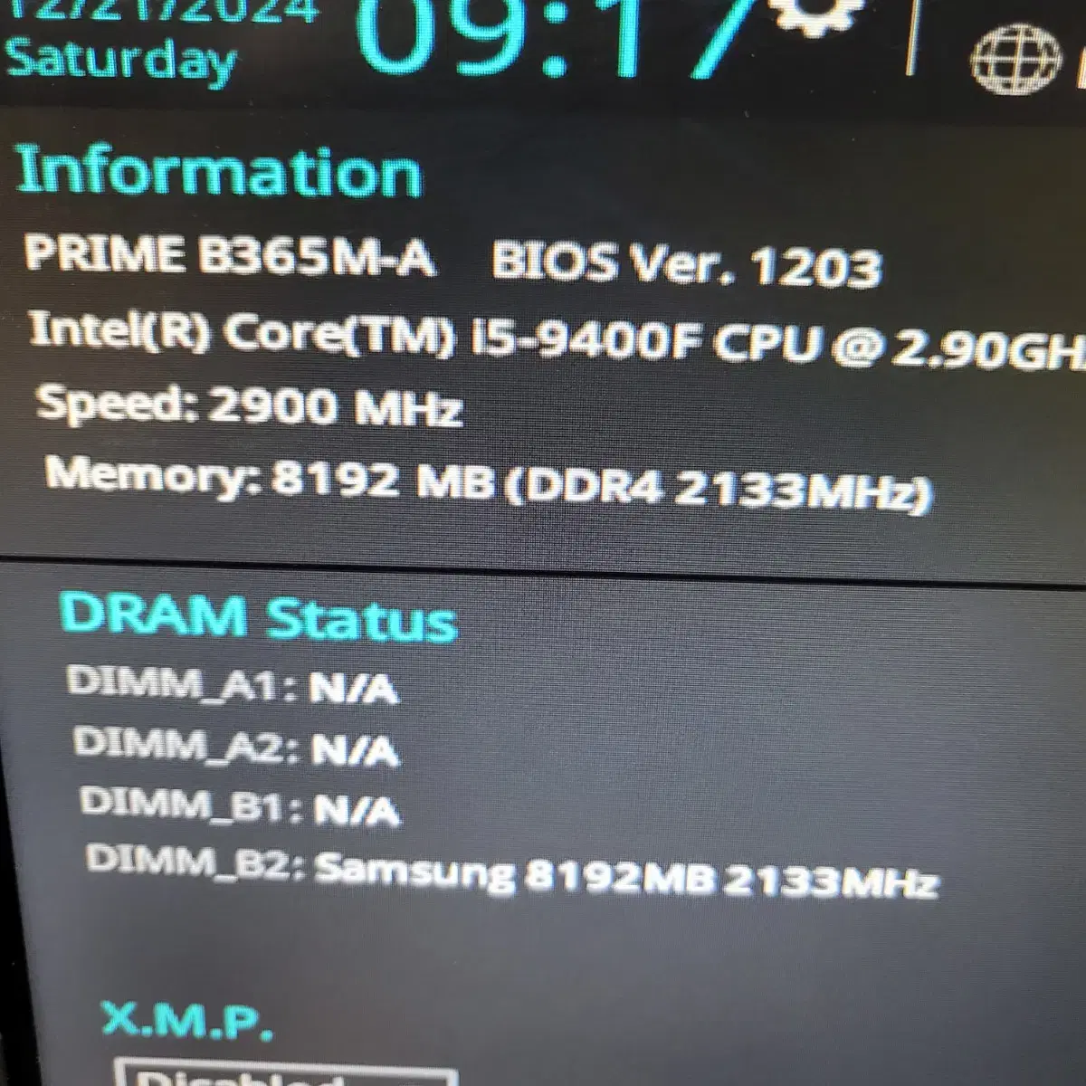 i5 9400F 9세대 / 8G / prime B365M 메인보드 CPU