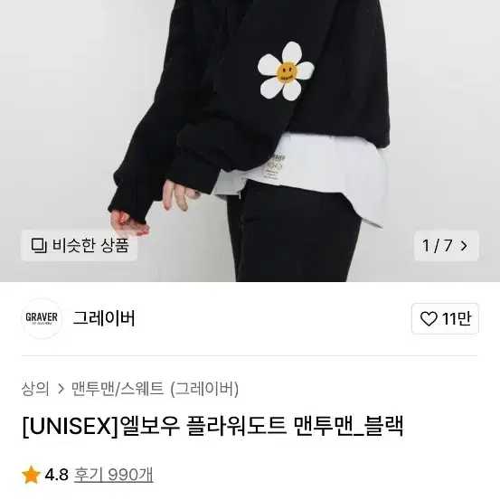 [UNISEX] 엘보우 플라워도트 맨투맨 블랙