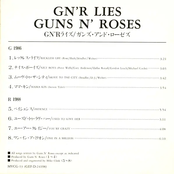 Guns N' Roses - G N' R Lies (CD)일본반91EX+