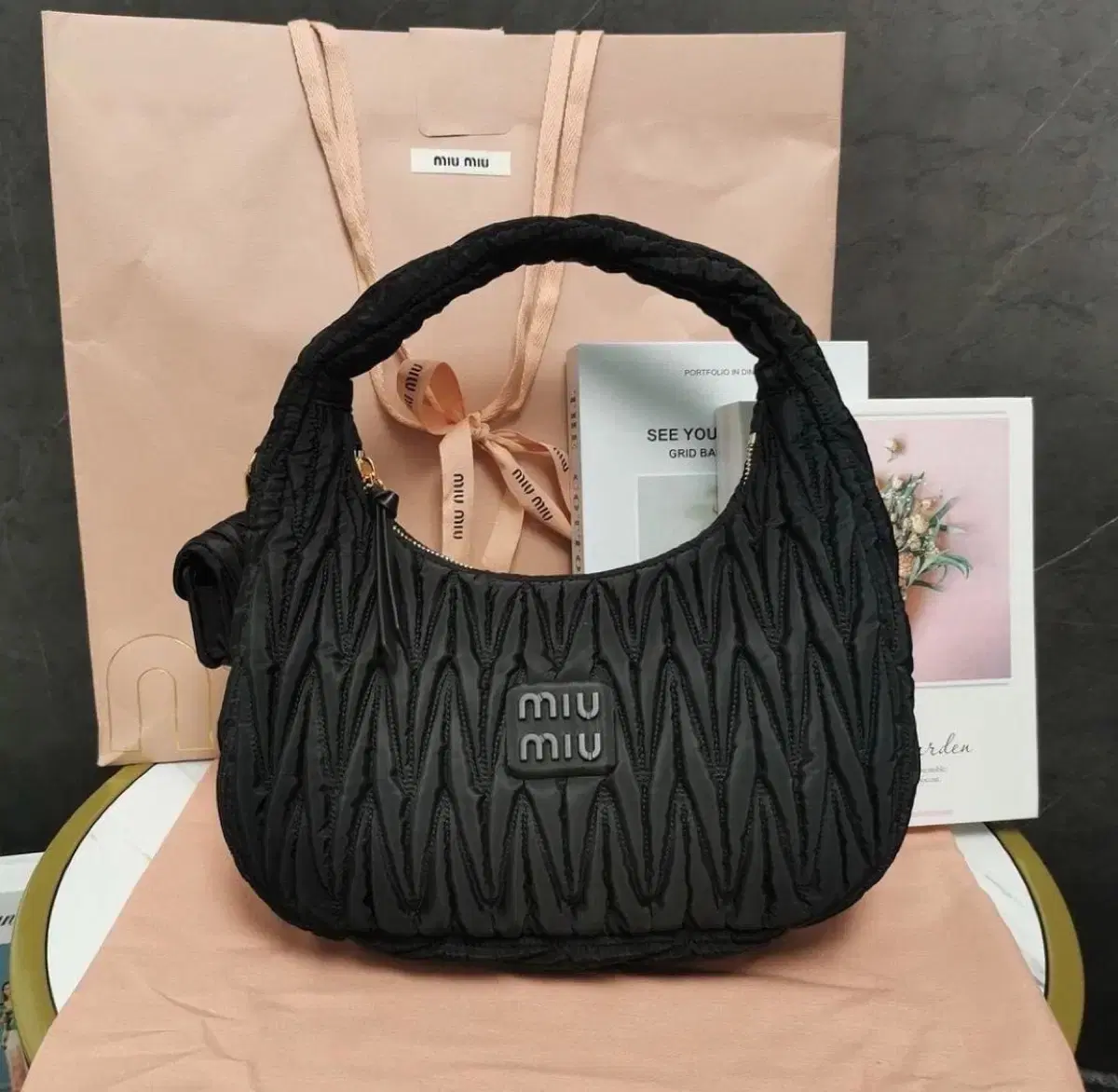 Miu Miu Wander Matelassé Nylon Hobo Bag