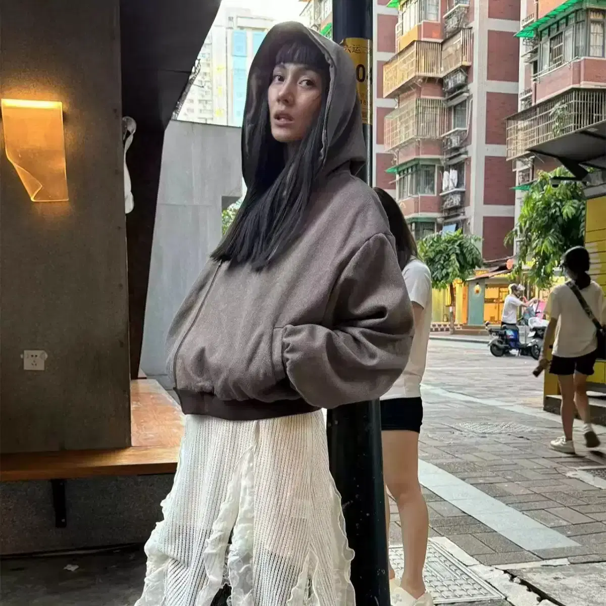 Slight Vogue 브라운 후드집업 린넨 패브릭 지퍼 후드 재킷