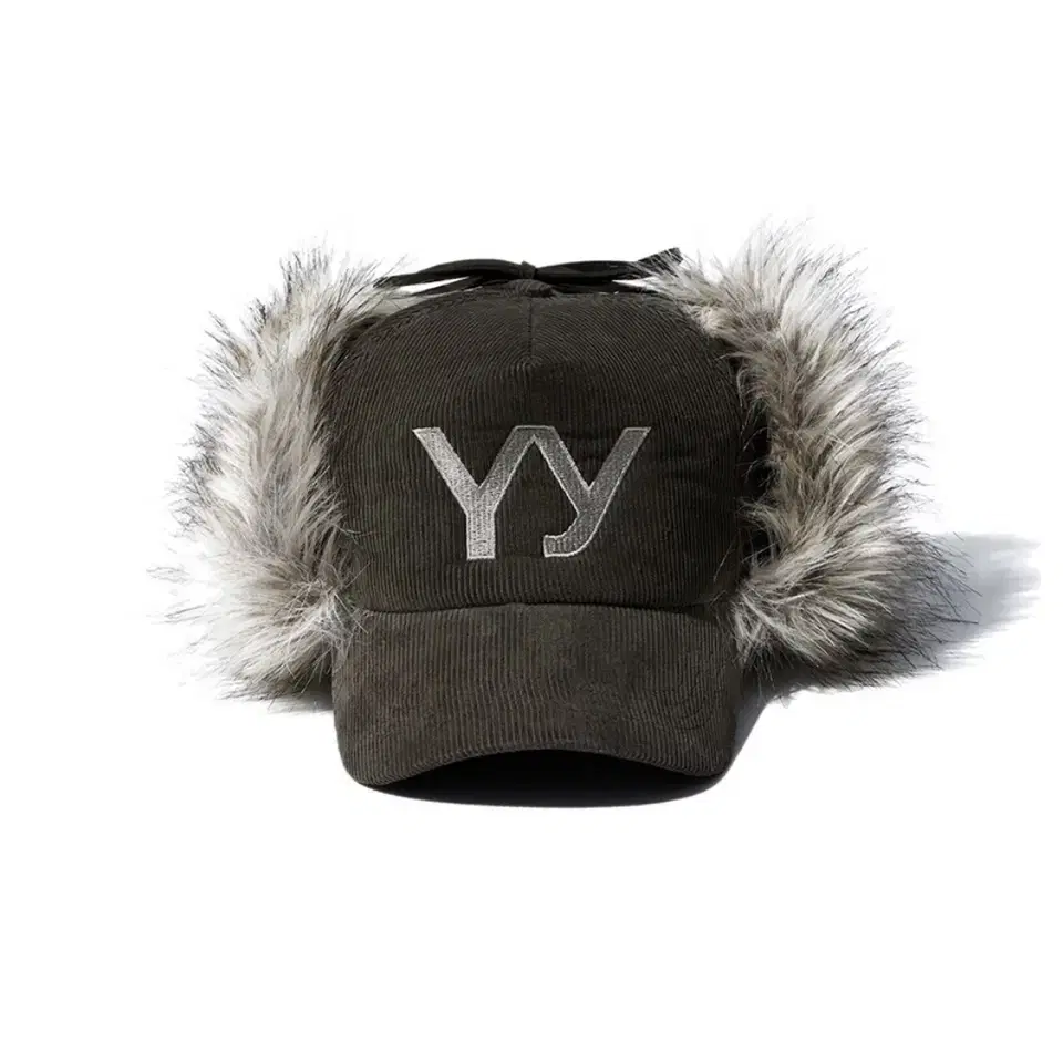 Open Yy puffer earflap cap with black fur with open yy on