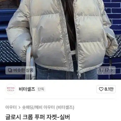 비터셀즈 글로시 크롭 푸퍼 자켓 실버