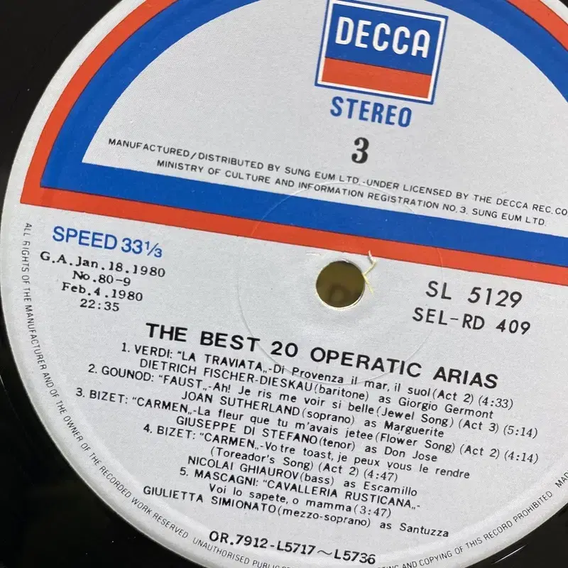 THE BEST 20 OPERATIC ARIAS LP / AA6806