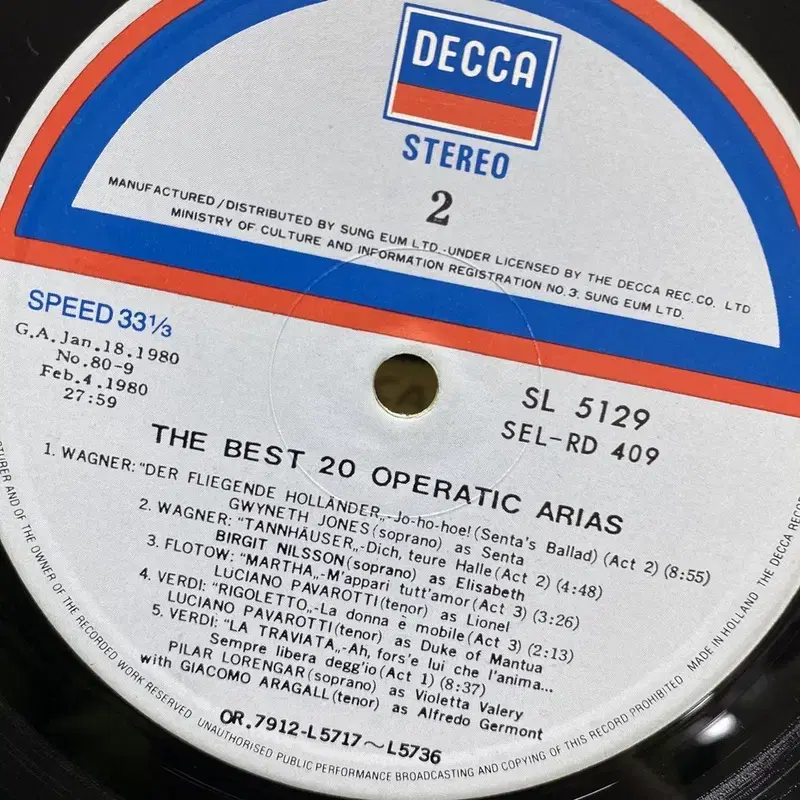 THE BEST 20 OPERATIC ARIAS LP / AA6806